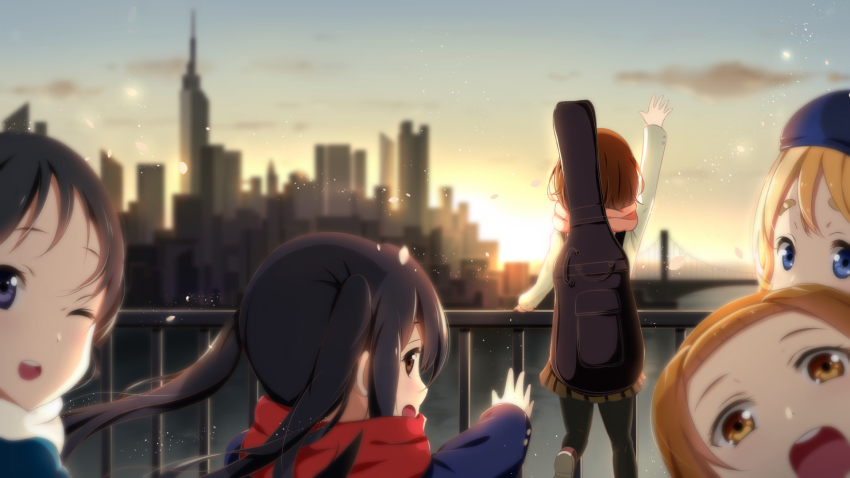 5girls, akiyama_mio, black_hair, blonde_hair, blue_eyes, blurry, brown_eyes, brown_hair