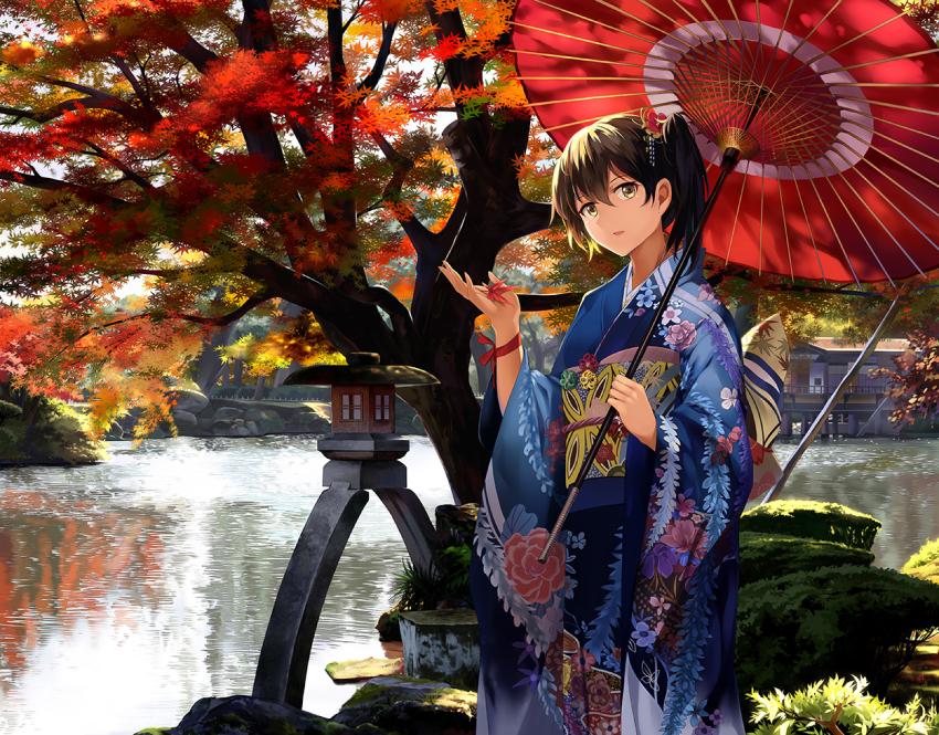 10s, 1girl, alternate_costume, autumn, autumn_leaves, brown_eyes, brown_hair, female_focus, floral_print, house, japanese_clothes, kaga_(kancolle), kaga_cape, kantai_collection, kenroku-en, kimono, lake, leaf, long_sleeves, looking_at_viewer, neko_(yanshoujie), obi, oil-paper_umbrella, sash, side_ponytail, solo, tree, umbrella, wide_sleeves