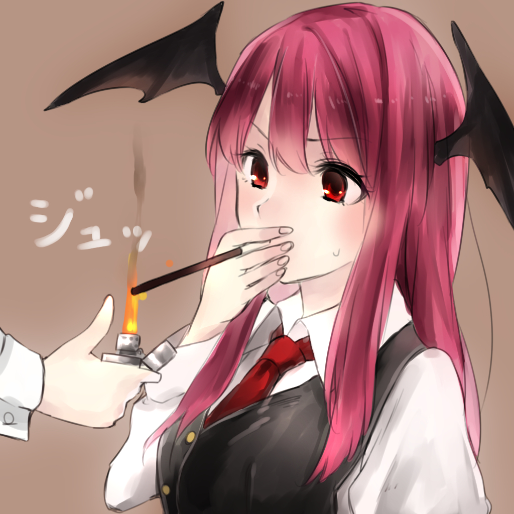 1girl, black_dress, demon_girl, demon_wings, dress, food, head_wings, koakuma