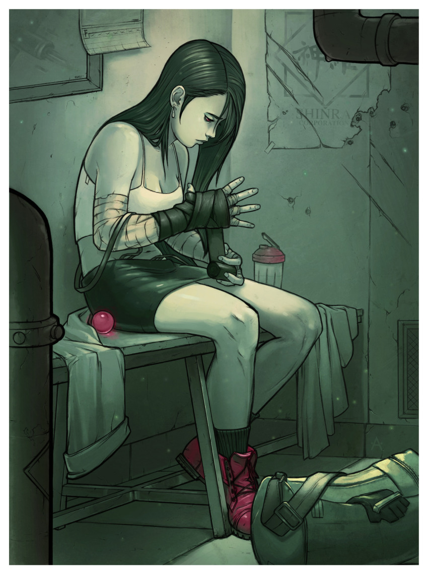 1990s_(style), 1girl, alex_dos_diaz, bandaged_arm, bandaged_hand, bandages, bench, black_hair