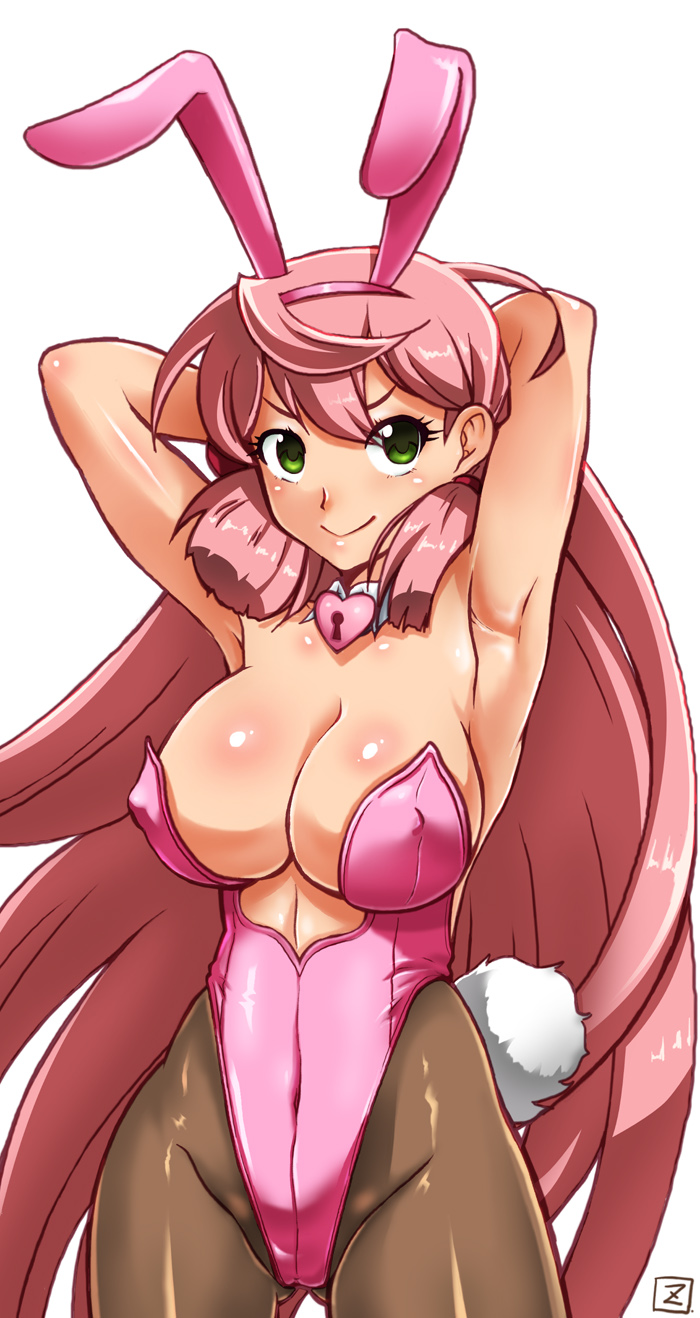 10s, 1girl, akashi_(kancolle), animal_ears, armpits, arms_behind_head, arms_up, bare_shoulders