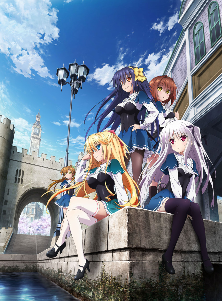 10s, 5girls, absolute_duo, absurdres, black_hair, black_legwear, black_ribbon, blonde_hair
