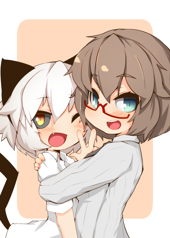 2girls, ;d, animal_ears, bad_id, bad_pixiv_id, black_sclera, blue_eyes, brown_hair, colored_sclera, fang, glasses, hug, multiple_girls, one_eye_closed, open_mouth, original, short_hair, smile, tail, tatari, tatari_(teranekosu), teranekosu, v, white_hair, yellow_eyes