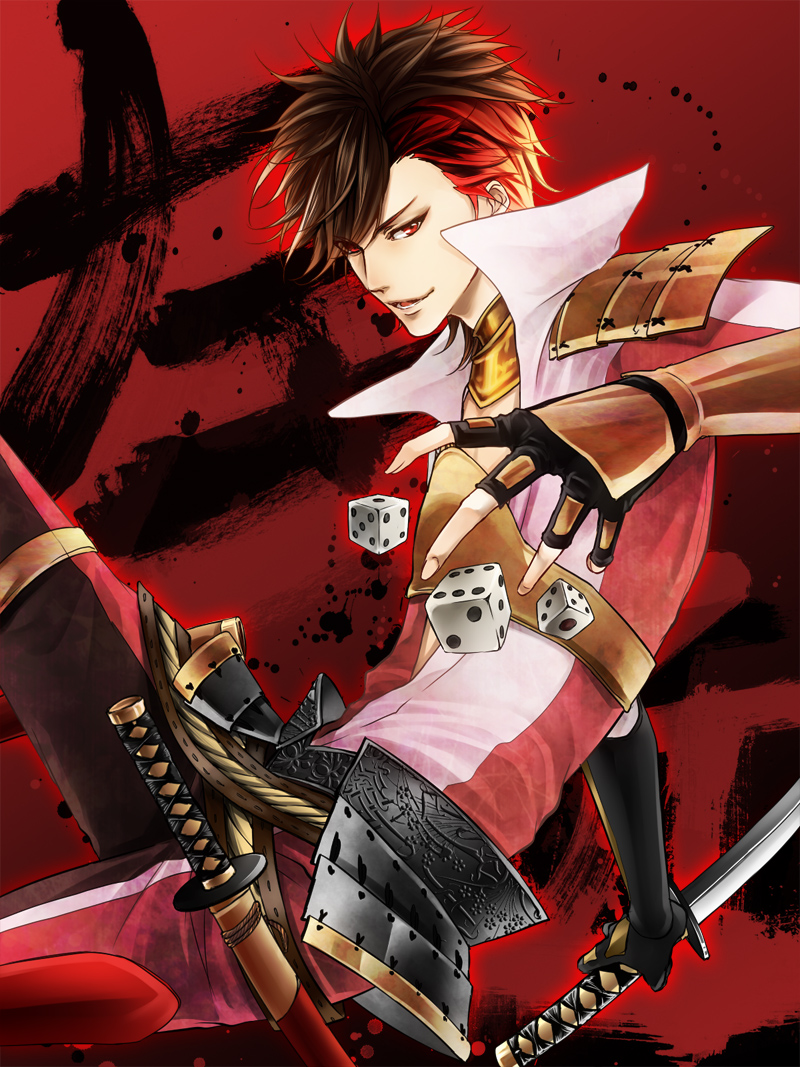 1boy, armor, brown_hair, dice, gauntlets, gloves, katana, male_focus, multicolored_hair, nihit0, open_mouth, red_eyes, red_hair, sengoku_basara, shima_sakon_(sengoku_basara), sitting, solo, sword, two-tone_hair, weapon