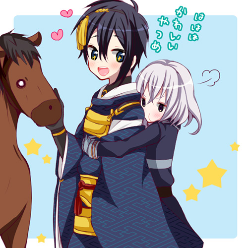 10s, 2boys, black_hair, blue_eyes, heart, honebami_toushirou, horse, hug