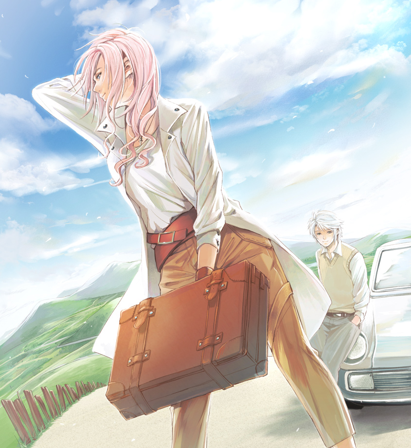 10s, 1boy, 1girl, alternate_costume, arm_behind_head, bad_id, bad_pixiv_id, belt, blue_eyes, blue_sky, car, closed_mouth, cloud, coat, cross, cross_necklace, day, dutch_angle, fence, final_fantasy, final_fantasy_xiii, gloves, grass, hand_in_pocket, hope_estheim, jewelry, lightning_farron, long_hair, long_sleeves, looking_at_another, motor_vehicle, mountain, natsu_mikan_(level9), necklace, on_car, outdoors, pants, pink_hair, shade, shirt, sitting, sky, smile, suitcase, sweater, white_hair, white_shirt, wooden_fence