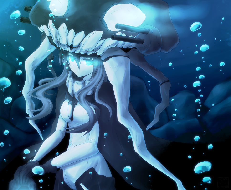 10s, 1girl, abyssal_ship, bubble, female_focus, glowing, glowing_eyes, kantai_collection, long_hair, neko_nadeshiko, solo, underwater, wo-class_aircraft_carrier