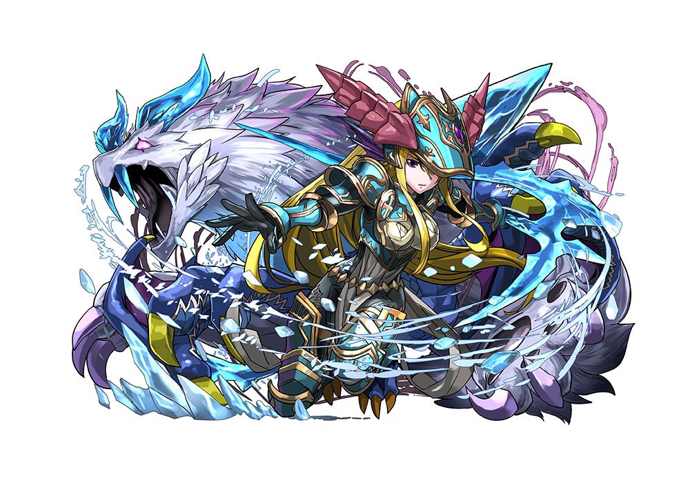 1girl, armor, armored_dress, artist_request, blonde_hair, blue_legwear, blue_sonia_(p&amp;d), breasts, dragon, dragon_girl, dress, helmet, holding, holding_weapon, horns, ice, ilsix, long_hair, official_art, purple_eyes, puzzle_&amp;_dragons, scythe, simple_background, solo_focus, weapon, white_background