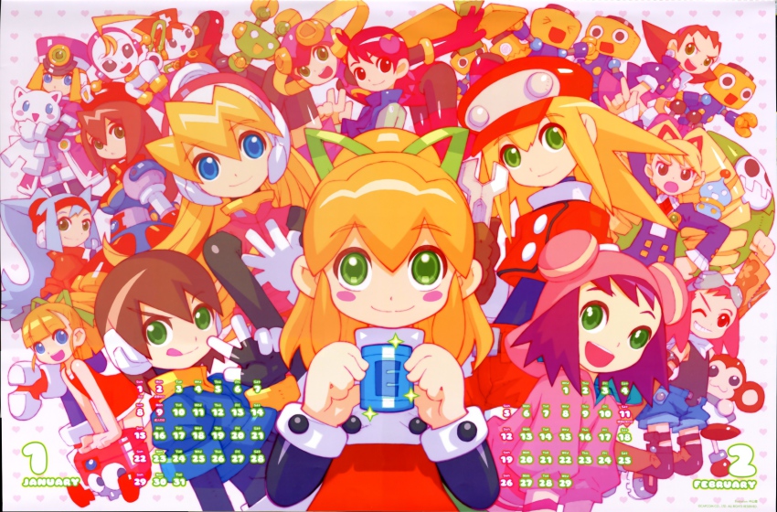 00s, 6+girls, aero_(mega_man), aile_(mega_man_zx), ashe_(mega_man), blue_eyes, blush, calendar, ciel_(mega_man), data_(mega_man), eddie_(mega_man), green_eyes, hertz_(mega_man), highres, iris_(mega_man), luna_platz_(mega_man), mayl_sakurai_(mega_man), mega_man_(classic), mega_man_(series), mega_man_battle_network, mega_man_battle_network_(series), mega_man_legends_(series), mega_man_star_force_(series), mega_man_x_(series), mega_man_zero_(series), mega_man_zx, mega_man_zx_advent, mr._prog_(mega_man), multiple_girls, nakayama_tooru, one_eye_closed, prairie_(mega_man), roll.exe_(mega_man), roll_(mega_man), roll_caskett_(mega_man), servbot_(mega_man), sonia_strumm_(mega_man), tron_bonne_(mega_man), wrench