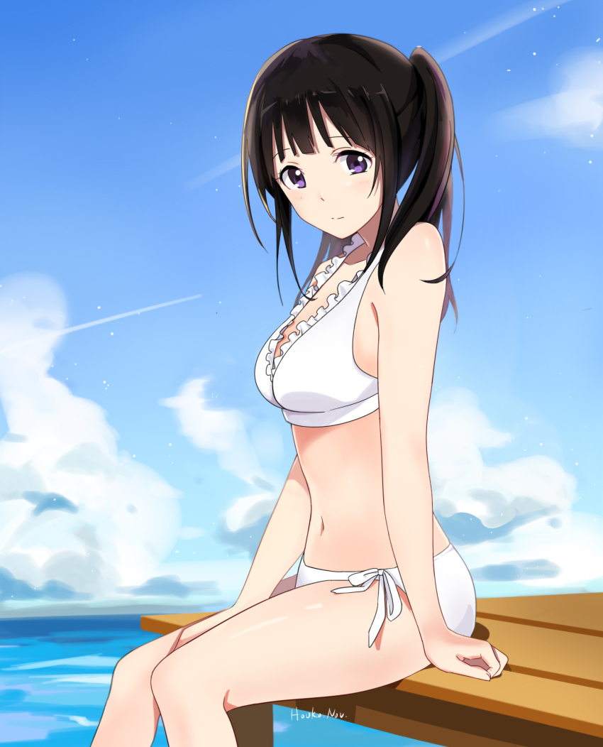 10s, 1girl, bikini, black_hair, chitanda_eru, dock, female_focus, highres