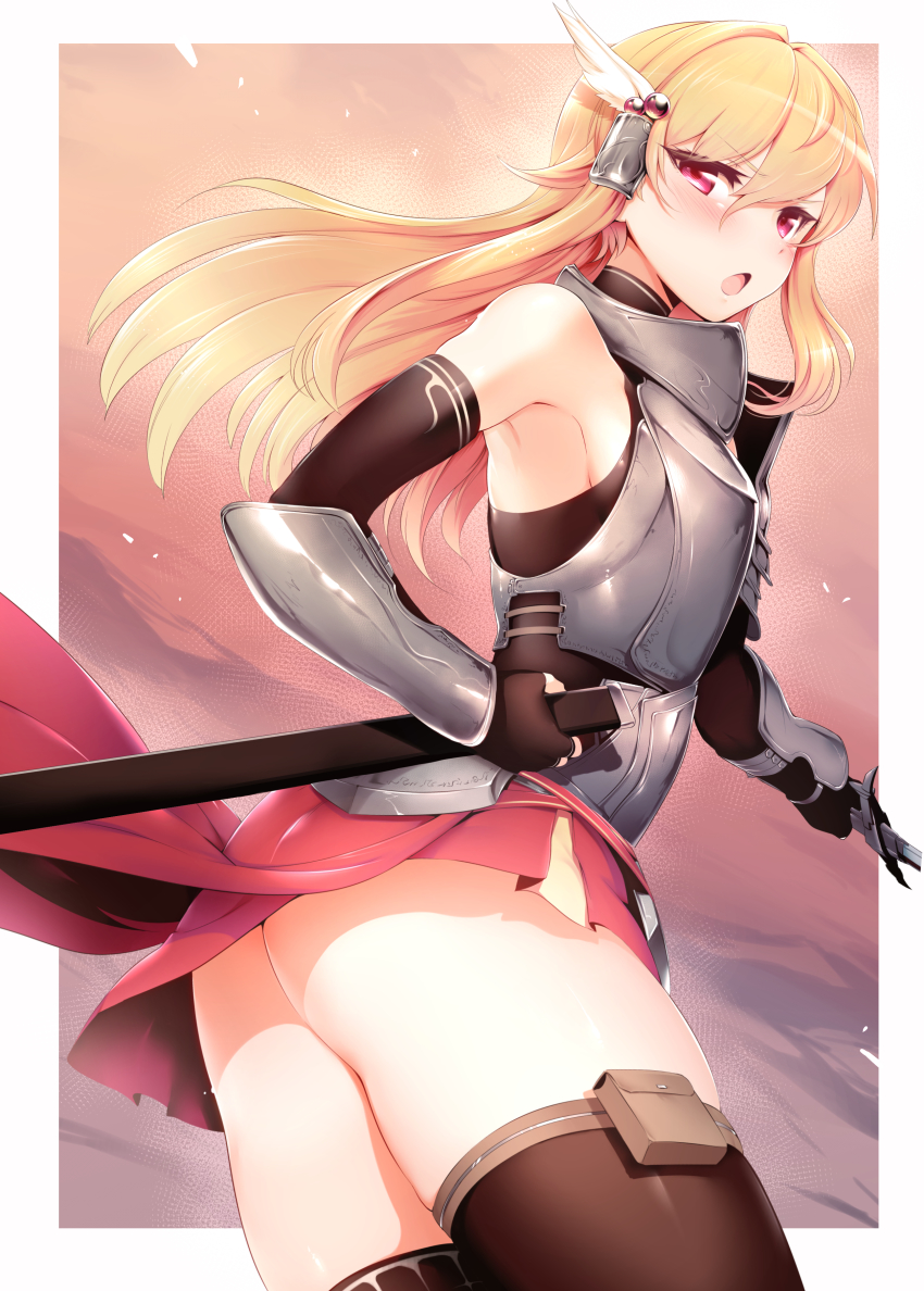 1girl, absurdres, armor, armpits, ass, bare_shoulders, black_gloves, black_thighhighs