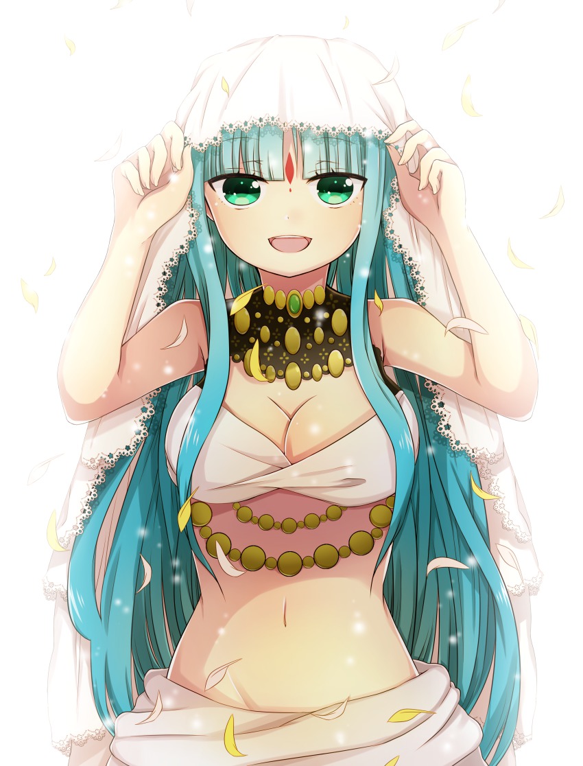 1girl, absurdres, akiran'nu, akiranme, bad_id, bad_pixiv_id, bare_shoulders, breasts, cleavage, facial_mark, female_focus, forehead_mark, green_eyes, headdress, highres, jewelry, long_hair, looking_at_viewer, midriff, navel, open_mouth, parvati_(p&amp;d), petals, puzzle_&amp;_dragons, solo, very_long_hair
