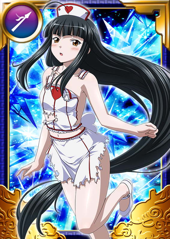 00s, 1girl, ahoge, alternate_costume, bare_legs, black_hair, blush, brown_eyes, card_(medium), choushou_shifu, collarbone, female_focus, hat, ikkitousen, leg_up, long_hair, looking_at_viewer, midriff, navel, no_bra, nurse, nurse_cap, official_art, skirt, solo, torn_clothes, torn_skirt, very_long_hair, weapon, white_skirt