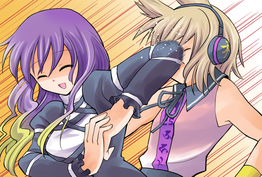 2girls, :d, ^_^, blonde_hair, closed_eyes, dress, elbow_strike, gradient_hair, hair_ears, headphones, hijiri_byakuren, in_the_face, long_hair, motion_lines, multicolored_hair, multiple_girls, open_mouth, purple_hair, shaded_face, shirt, short_hair, sleeveless, sleeveless_shirt, smile, speed_lines, tomoi_moi, touhou, toyosatomimi_no_miko, turtleneck