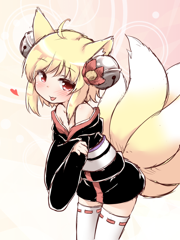1girl, :p, animal_ears, bell, blonde_hair, cowboy_shot, female_focus, fox_ears