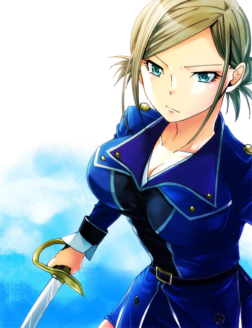 10s, 1girl, awashima_seri, blonde_hair, blue_eyes, breasts, cleavage, female_focus, k-project, kageshitario, looking_at_viewer, short_hair, solo, sword, twintails, uniform, upper_body, weapon