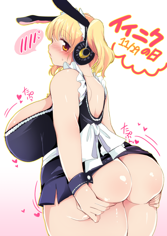 1girl, animal_ears, ass, bare_shoulders, blonde_hair, blush, breasts, brown_eyes, dress, female_focus, grabbing_own_ass, headphones, huge_ass, huge_breasts, looking_at_viewer, looking_back, microdress, morita_gurutamin, nitroplus, plump, rabbit_ears, short_hair, solo, standing, super_pochaco, thick_thighs, thighs, twintails, wide_hips