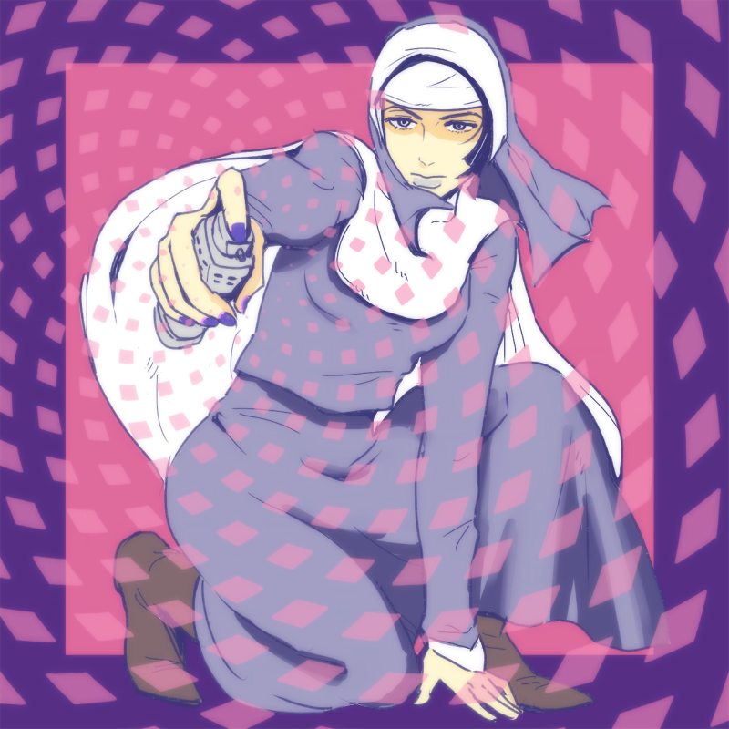 1girl, boots, brown_boots, cape, cream_starter_(stand), female_focus, hat, hot_pants_(sbr), jojo_no_kimyou_na_bouken, kneeling, nail_polish, nun, purple_nails, solo, stand_(jojo), steel_ball_run, tena_(uchi_92), traditional_nun