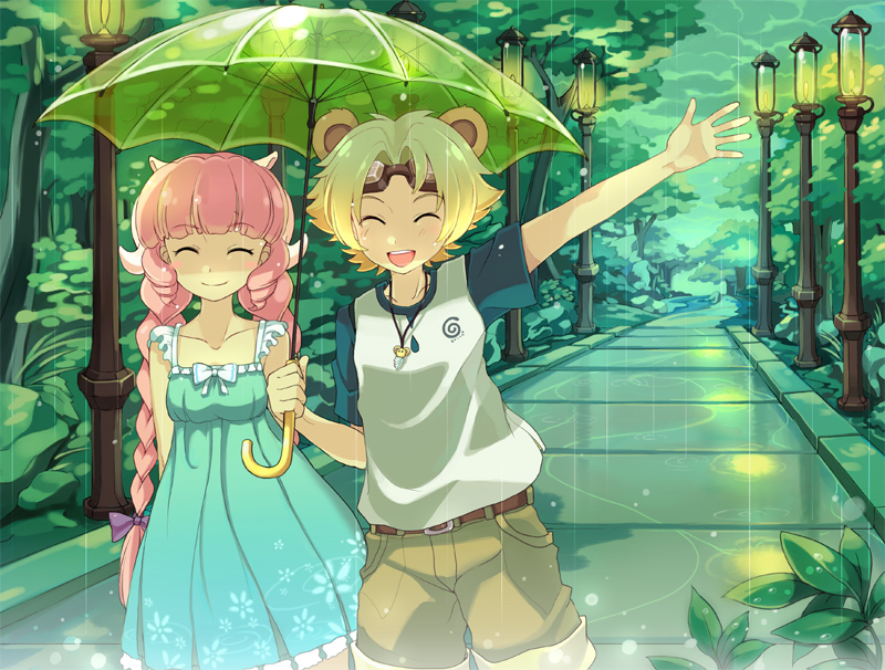 10s, 1boy, 1girl, animal_ears, armcho, blonde_hair, blush, braid, closed_eyes, cowboy_shot, dress, goggles, happy, holding, holding_umbrella, lion_(trickster), lion_ears, long_hair, outdoors, pink_hair, rain, sheep_(trickster), sheep_ears, sheepgirl, short_hair, trickster_(ntreev_soft), twin_braids, umbrella, waving