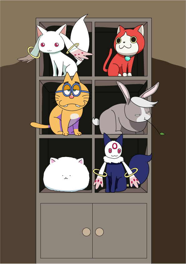 10s, 471_kakka, :3, akamaru_(youkai_watch), angora_rabbit, cat, commentary_request, crossover