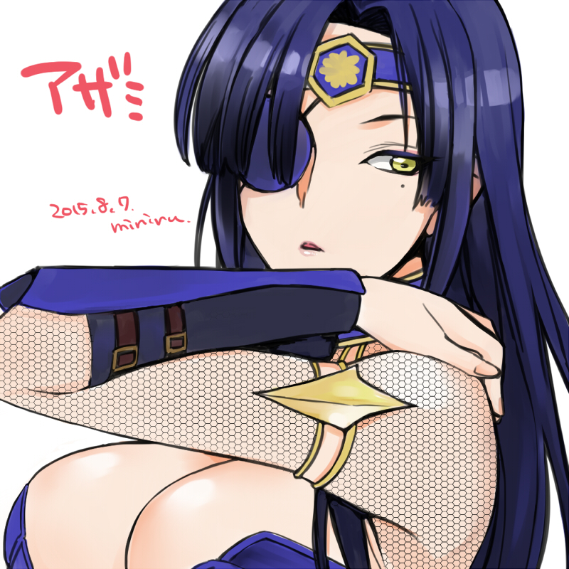 1girl, artist_name, azami_(sennen_sensou_aigis), bad_id, bad_pixiv_id, blue_hair, bodystocking, breasts, character_name, dated, eyepatch, female_focus, fishnet_bodystocking, fishnets, headband, huge_breasts, large_breasts, long_hair, looking_away, miniru, mole, mole_under_eye, sennen_sensou_aigis, solo, upper_body, vambraces, white_background, yellow_eyes