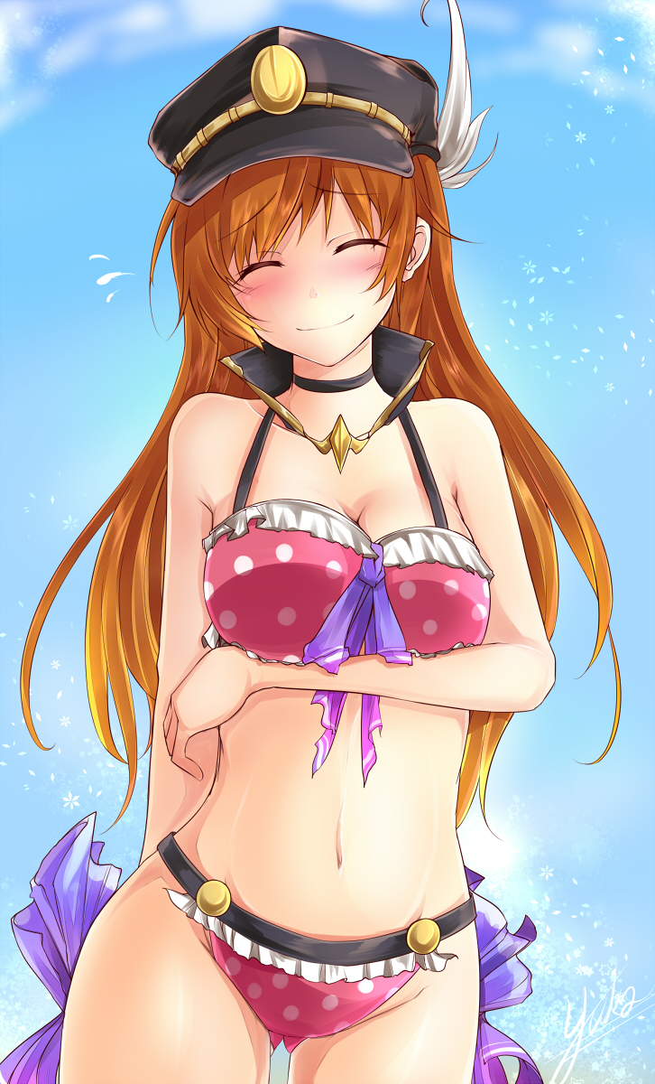10s, 1girl, bikini, blush, breast_hold, breasts, brown_hair, choker