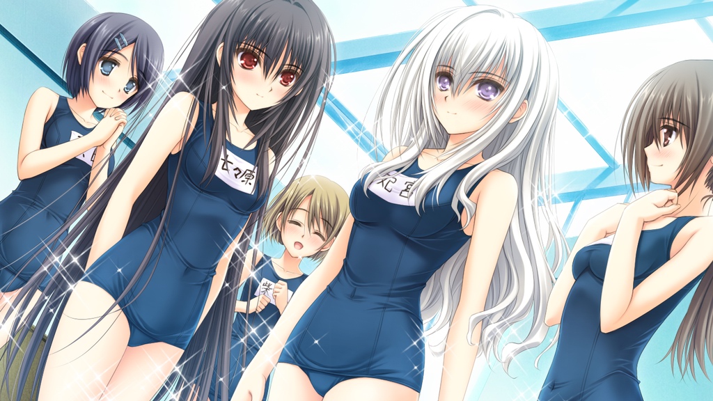 5girls, arms_behind_back, black_hair, blue_eyes, bow, breasts, brown_eyes, brown_hair