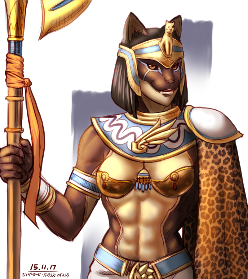1girl, abs, ancient_egyptian, animal_ears, animal_print, armband, armor, bikini_armor