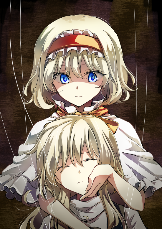 2girls, alice_margatroid, blonde_hair, blue_eyes, capelet, closed_eyes, hairband, hand_on_another's_face