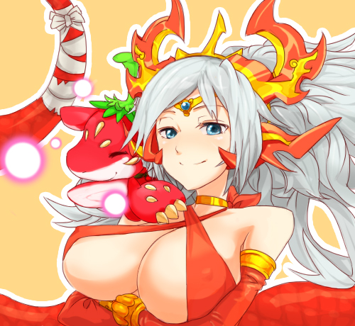 1girl, 3_1, bandages, blonde_hair, blue_eyes, bracelet, breasts, choker, circlet, cleavage, covered_erect_nipples, criss-cross_halter, crossed_arms, dragon, echidna_(p&amp;d), elbow_gloves, gloves, grey_hair, halterneck, hug, huge_breasts, jewelry, lamia, long_hair, lowres, monster_girl, puzzle_&amp;_dragons, red_gloves, smile, strawberry_dragon_(p&amp;d), tail