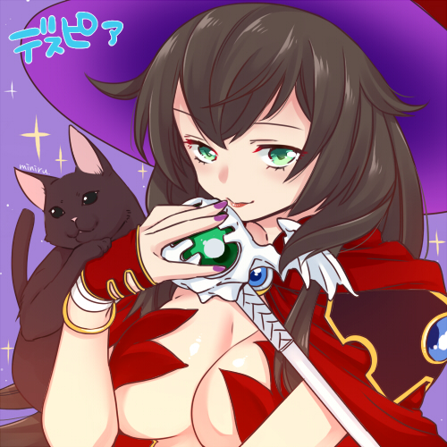 1girl, animal, animal_on_shoulder, artist_name, bad_id, bad_pixiv_id, baseball_bat, black_hair, breasts, cat, character_name, despara_(sennen_sensou_aigis), despia_(sennen_sensou_aigis), female_focus, green_eyes, hat, large_breasts, long_hair, lowres, miniru, nail_(hardware), nail_bat, sennen_sensou_aigis, solo, upper_body, witch_hat