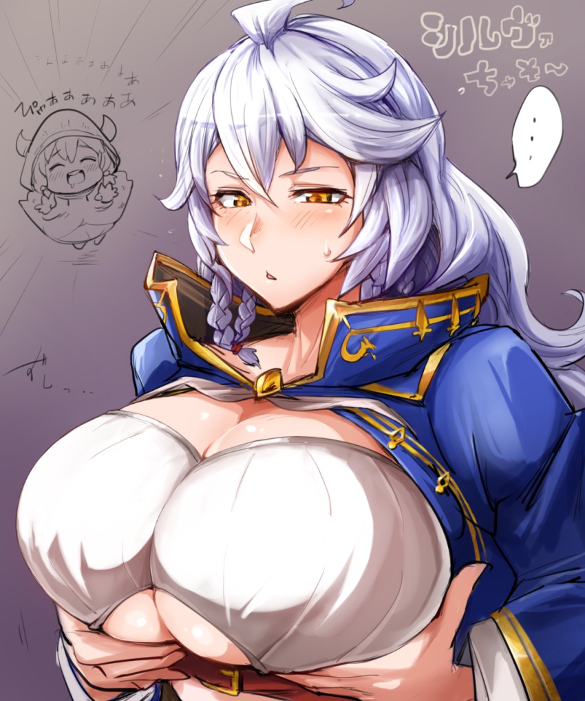 10s, 1girl, alternate_breast_size_(larger), belt, blue_jacket, braid, breast_hold, breasts, draph, female_focus, granblue_fantasy, highres, hood, horns, huge_breasts, jacket, kumuyu, mumumu_(three_emu), silva_(granblue_fantasy), solo, twin_braids, underboob, white_hair, yellow_eyes