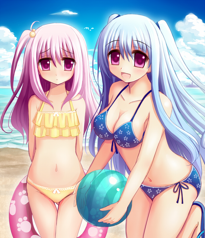 2girls, akisame_rizu, bad_id, bad_pixiv_id, ball, beach, beachball, bikini