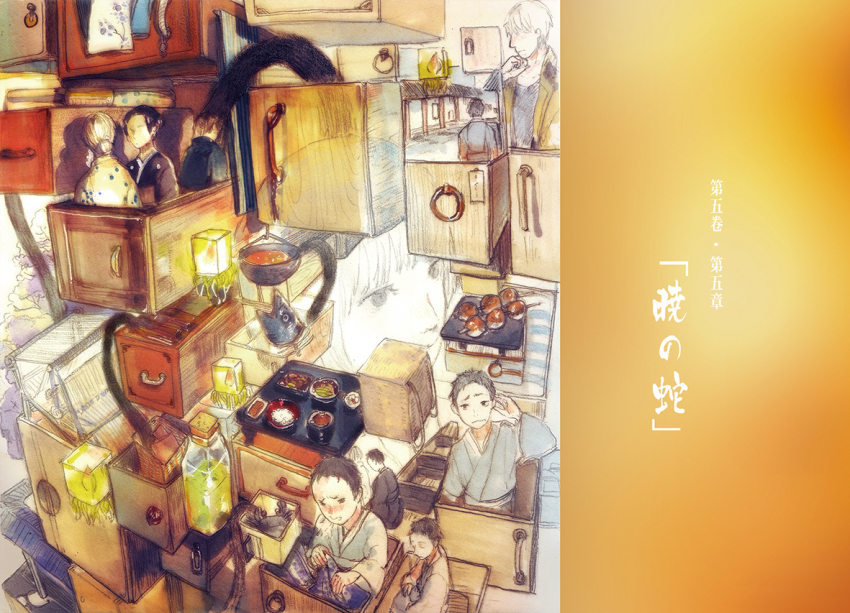 2girls, 4boys, animal, back, bottle, bowl, chest_of_drawers, coat, copyright_name, crab, creature, dango, drawer, food, ginko_(mushishi), h2so4kancel, hair_bun, japanese_clothes, kaji_(mushishi), kimono, lantern, medicine, mother_and_child, mother_and_son, multiple_boys, multiple_girls, multiple_views, mushishi, old, old_woman, paper_lantern, parent_and_child, pot, profile, rice, sayo_(mushishi), silver_hair, single_hair_bun, soup, transparent, tray, upper_body, wagashi