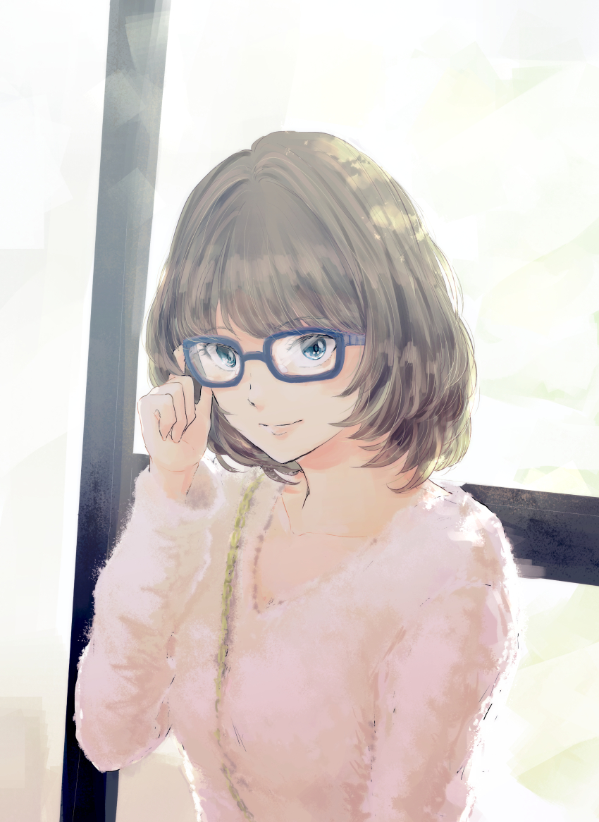 10s, 1girl, absurdres, adjusting_eyewear, bespectacled, blue_eyes, brown_hair, female_focus, glasses, green_eyes, heterochromia, highres, idolmaster, idolmaster_cinderella_girls, looking_at_viewer, pandayagi, short_hair, smile, solo, takagaki_kaede