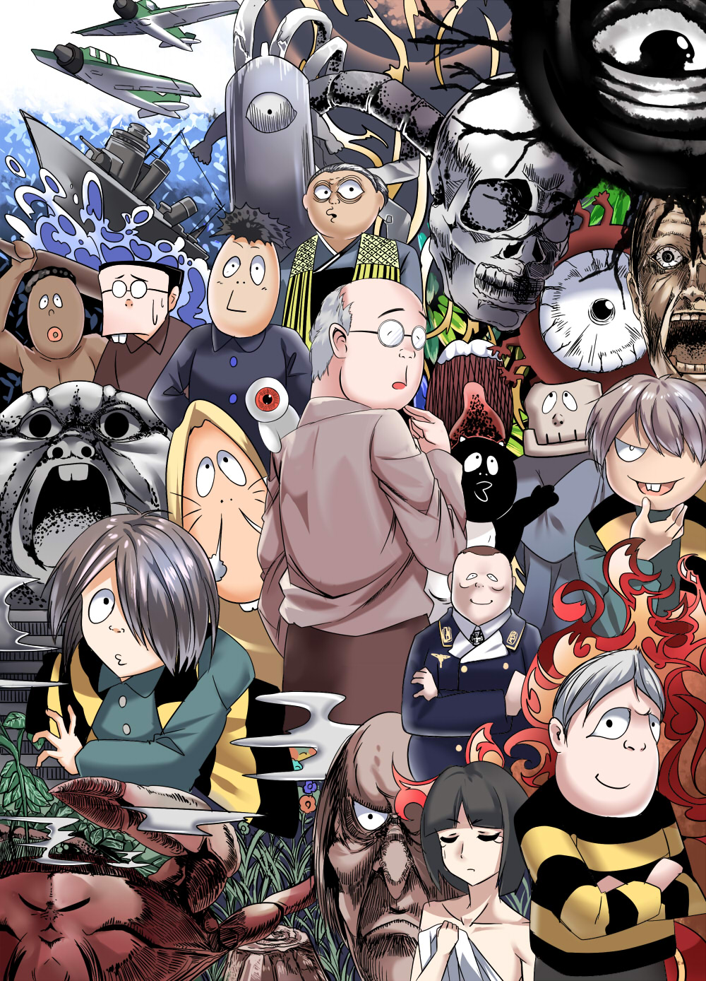 00s, 3girls, 6+boys, aircraft, airplane, akuma-kun, amputee, backbeard, barenhauter_no_onna, black_hair, blonde_hair, business_suit, cannon, character_request, commentary_request, cyborg, e.o., formal_clothes, gashadokuro, gegege_no_kitarou, gekiga_hitler, glasses, hair_over_one_eye, hakaba_kitarou, hermann_wilhelm_goering, highres, kageyama_fusa, kani_bouzu, kappa_no_sanpei, kitarou, matsushita_ichirou, medama_oyaji, mizuki_shigeru, multiple_boys, multiple_girls, nekoyama_(barenhauter_no_onna), nezumi_otoko, rabaul_senki, salaryman_shinigami, salaryman_yamada, school_uniform, shinigami, ship, silver_hair, skull, suit, sweatdrop, tanuki, topetoro, watercraft