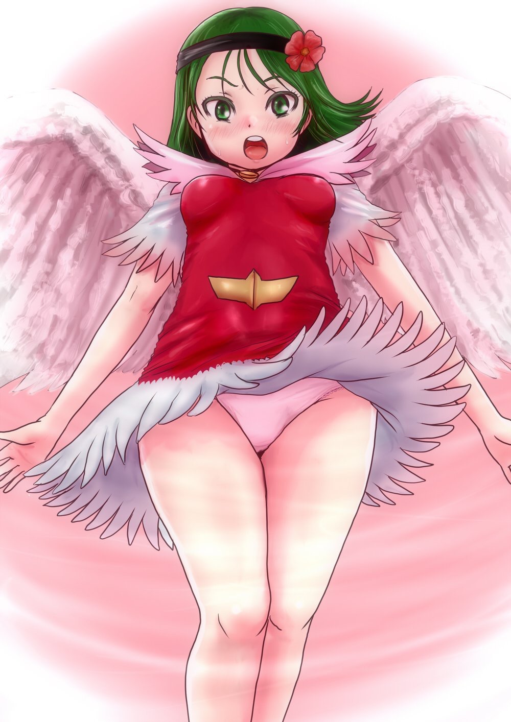 1girl, akuma-kun, bad_id, bad_pixiv_id, blush, dress, feathered_wings, female_focus, flower, green_eyes, green_hair, hair_flower, hair_ornament, headband, highres, looking_at_viewer, matching_hair/eyes, mizuki_shigeru, nullhachi, open_mouth, panties, pantyshot, short_hair, solo, sweatdrop, teeth, tongue, toriotome_nasuka, underwear, wings