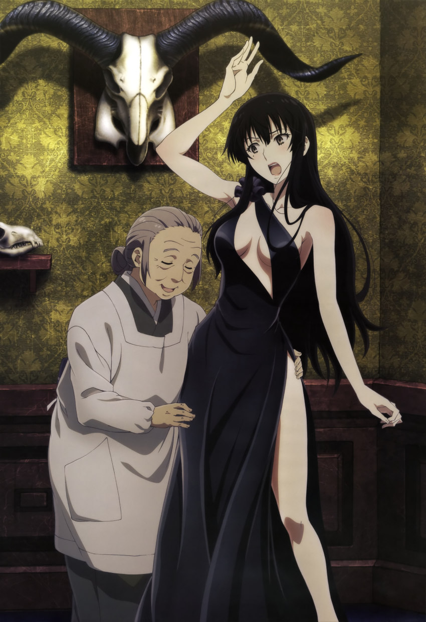 10s, 2girls, absurdres, apron, arms_up, black_dress, black_hair, blush, breasts, brown_eyes, cleavage, dress, dressing, closed_eyes, gown, highres, kappougi, kujou_sakurako_(sakurako), long_hair, mole, mole_under_eye, multiple_girls, nyantype, official_art, old, old_woman, open_mouth, sakurako-san_no_ashimoto_ni_wa_shitai_ga_umatteiru, sawa_ume, side_slit, skull