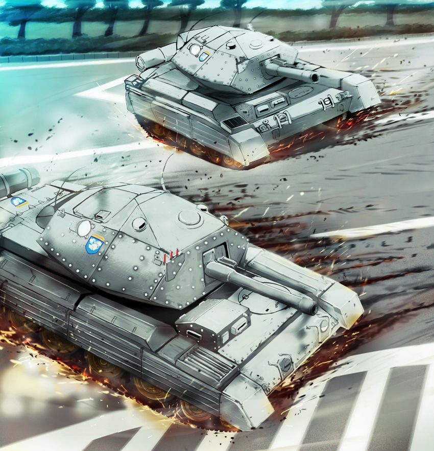 10s, bad_id, bad_pixiv_id, crusader_(tank), drifting, driving, emblem, girls_und_panzer, highres, military, military_vehicle, motor_vehicle, nanai, no_humans, road, sparks, st._gloriana's_(emblem), tank, vehicle_focus