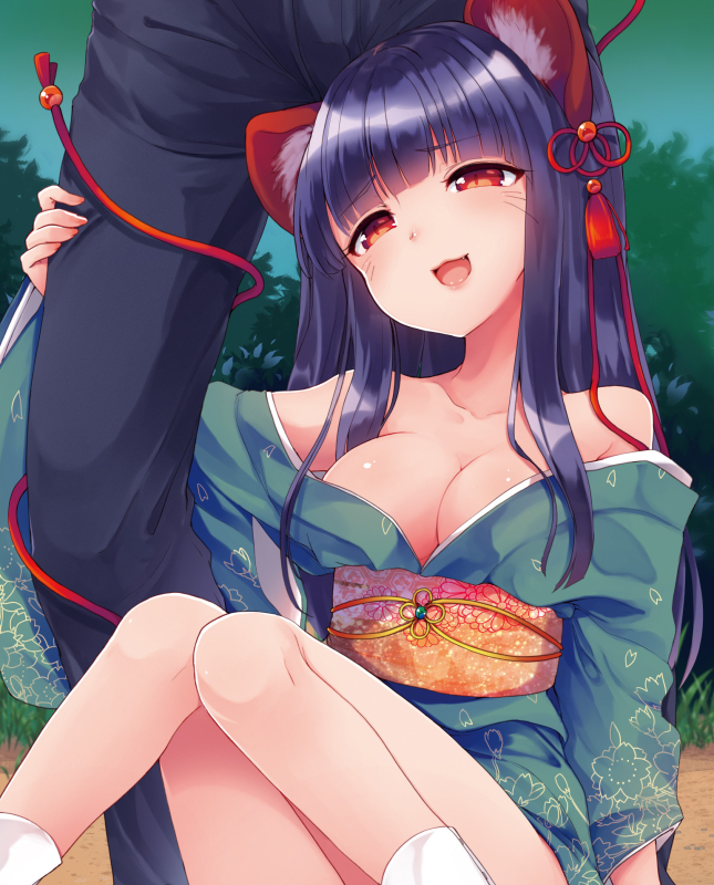 1girl, :3, animal_ears, bad_id, bad_pixiv_id, bare_shoulders, blunt_bangs, breasts, cleavage, eyebrows, fang, hair_ornament, head_tilt, japanese_clothes, kedama_milk, kimono, leg_grab, long_hair, moeru!_youkai_jiten, obi, off_shoulder, official_art, open_mouth, outdoors, purple_hair, red_eyes, sash, sitting, slit_pupils, socks, solo_focus, standing, tassel, tree, whiskers, white_legwear