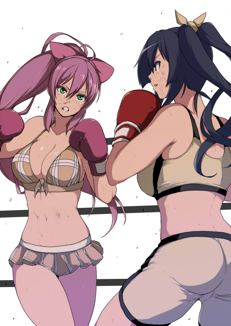 2girls, ahoge, ass, back, battle, bike_shorts, bikini, bikini_top_only, black_hair, blood, bow, boxing, boxing_angel, boxing_gloves, boxing_ring, breasts, bruise, butt_crack, character_request, cleavage, clenched_teeth, colored_eyelashes, cowboy_shot, eye_contact, female_focus, fighting, fighting_stance, green_eyes, groin, hair_between_eyes, hair_bow, hair_ribbon, high_ponytail, injury, large_breasts, legs_apart, long_hair, looking_at_another, microskirt, midriff, miniskirt, multiple_girls, navel, nosebleed, parted_bangs, parted_lips, pink_hair, plaid, pleated_skirt, ponytail, profile, purple_hair, red_eyes, ribbon, rope, shorts, sideboob, sidelocks, simple_background, skirt, sports_bra, sportswear, standing, stomach, sweat, swimsuit, teeth, thighs, tobisawa, twintails, very_long_hair, white_background