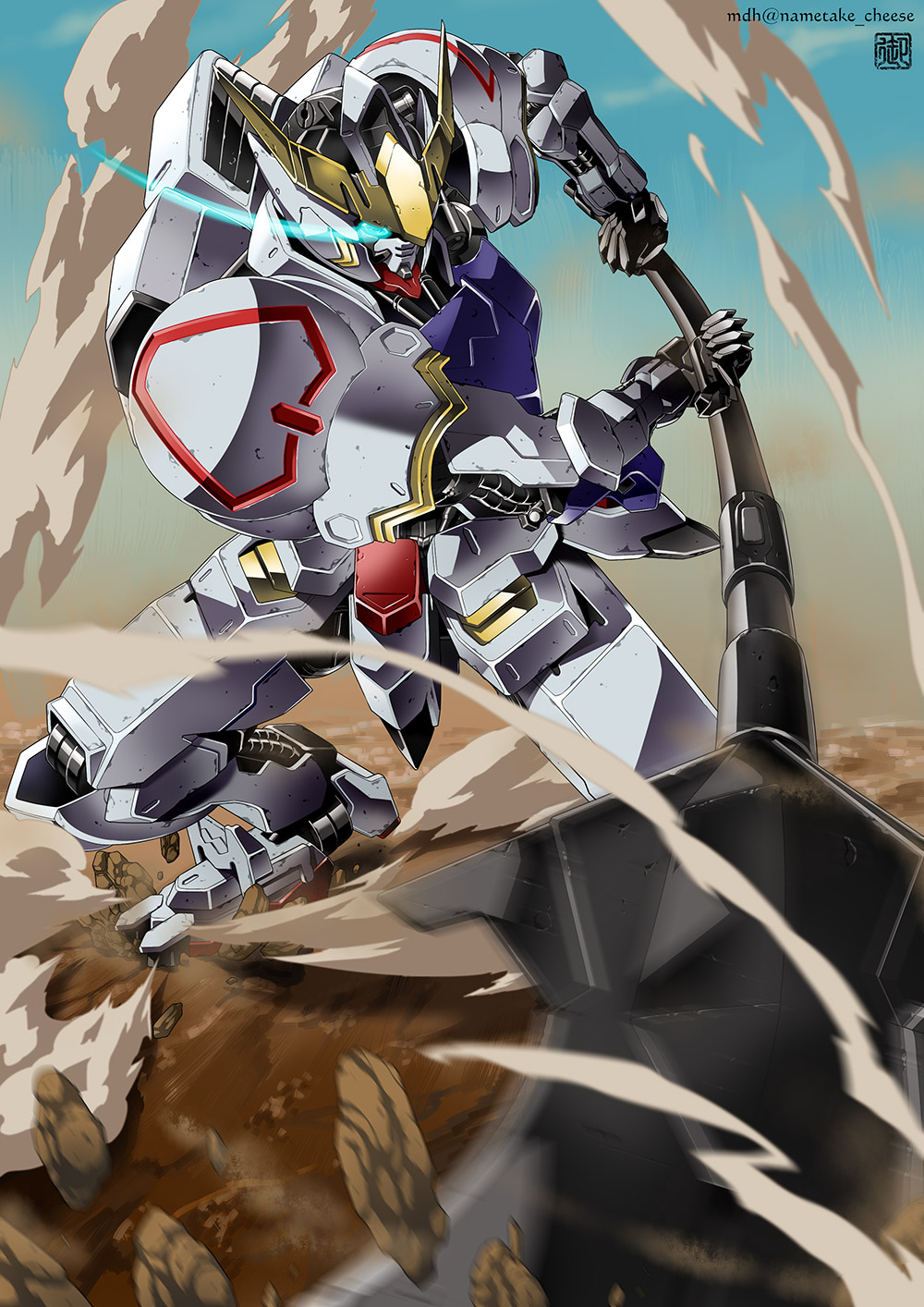 antennae, club_(weapon), glowing, glowing_eyes, gundam, gundam_barbatos, gundam_tekketsu_no_orphans, highres, mecha, nametake_cheese, no_humans, robot, solo, weapon