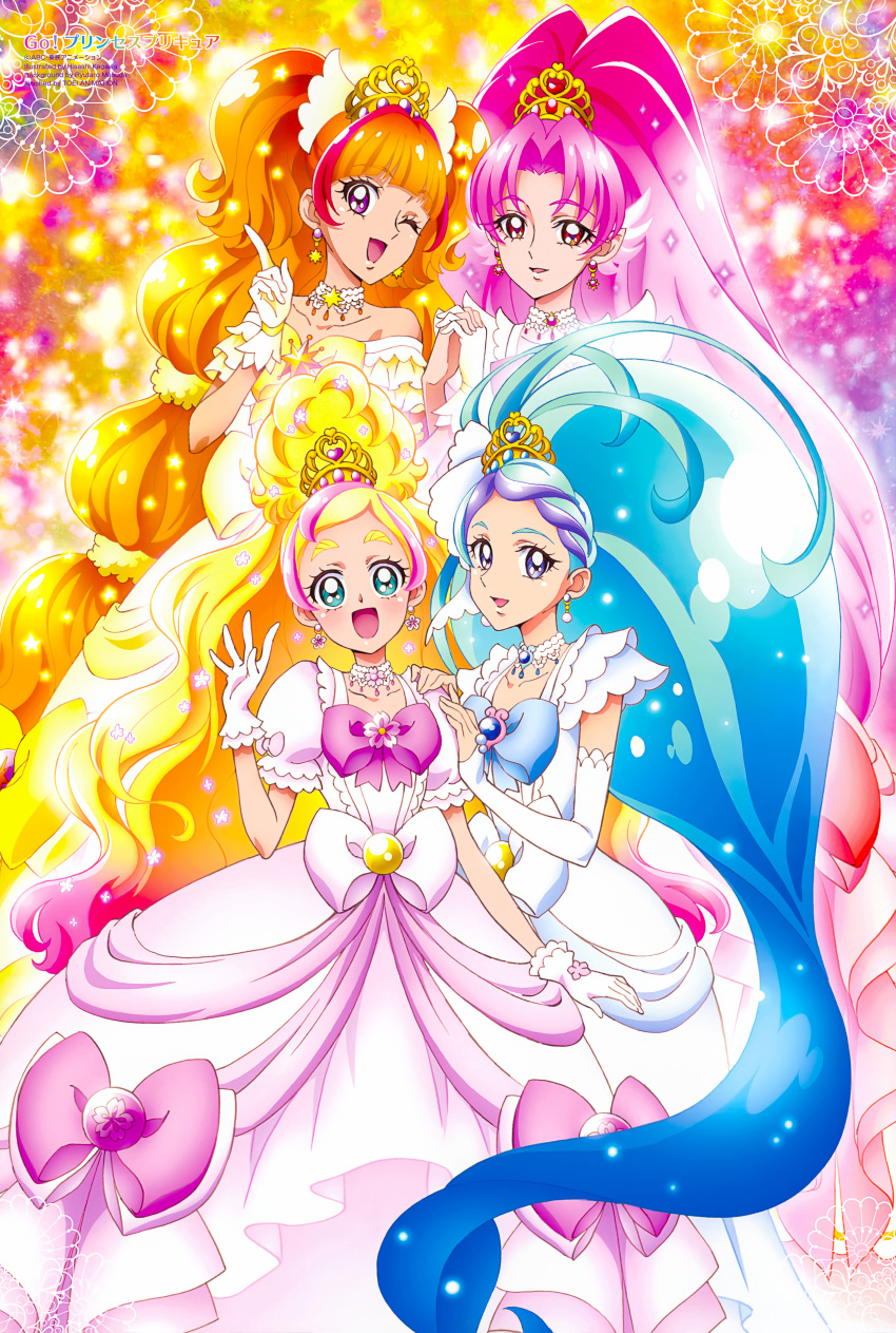 4girls, absurdres, akagi_towa, amanogawa_kirara, blue_eyes, blue_hair, bow, braid, cure_flora, cure_flora_(dress_up_premium), cure_mermaid, cure_mermaid_(dress_up_premium), cure_scarlet, cure_scarlet_(dress_up_premium), cure_twinkle, cure_twinkle_(dress_up_premium), dress, earrings, flower, gloves, go!_princess_precure, green_eyes, happy, haruno_haruka, heart, highres, holding_hands, jewelry, kaidou_minami, long_hair, multiple_girls, one_eye_closed, orange_hair, pink_hair, pointy_ears, ponytail, precure, purple_eyes, purple_hair, red_eyes, star_(symbol), tiara, very_long_hair, waist_bow, white_gloves