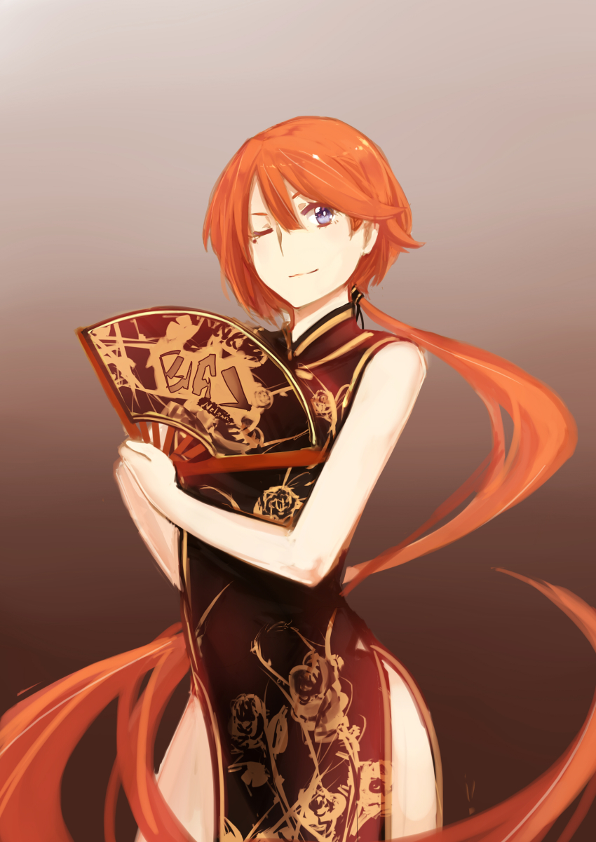 1girl, absurdres, bare_shoulders, china_dress, chinese_clothes, dress, female_focus, folding_fan