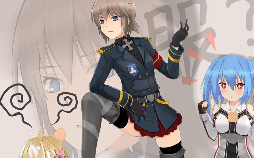 3girls, absurdres, ahoge, artist_request, bandages, bismarck_(warship_girls_r), blonde_hair, blue_eyes