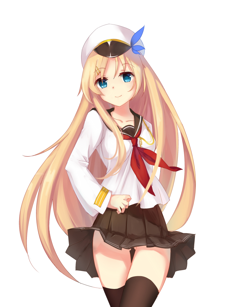 1girl, absurdres, black_thighhighs, blonde_hair, blue_eyes, clothes_lift, contrapposto, female_focus
