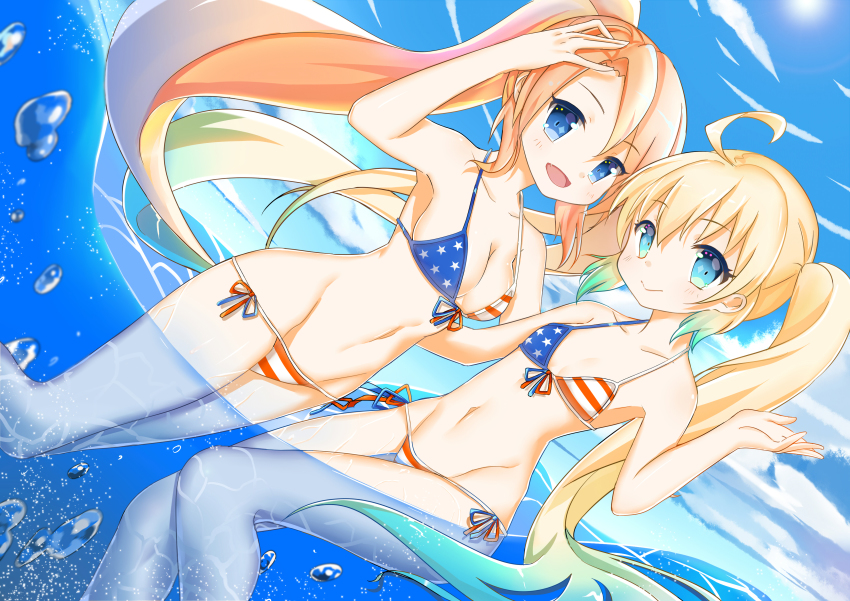 +_+, 2girls, absurdres, ahoge, albacore_(warship_girls_r), american_flag, american_flag_bikini, american_flag_print