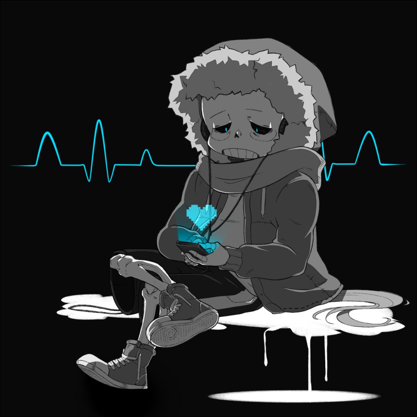 1boy, cardiogram, glowing, glowing_eye, headphones, heart, hood, hoodie