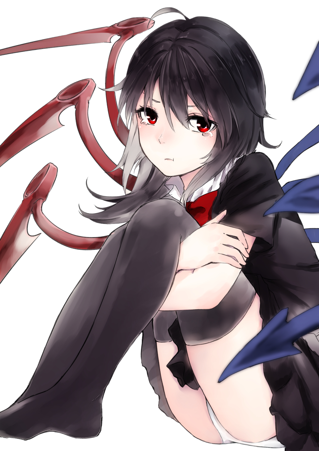 1girl, asymmetrical_wings, black_dress, black_hair, black_thighhighs, commentary, dress, female_focus