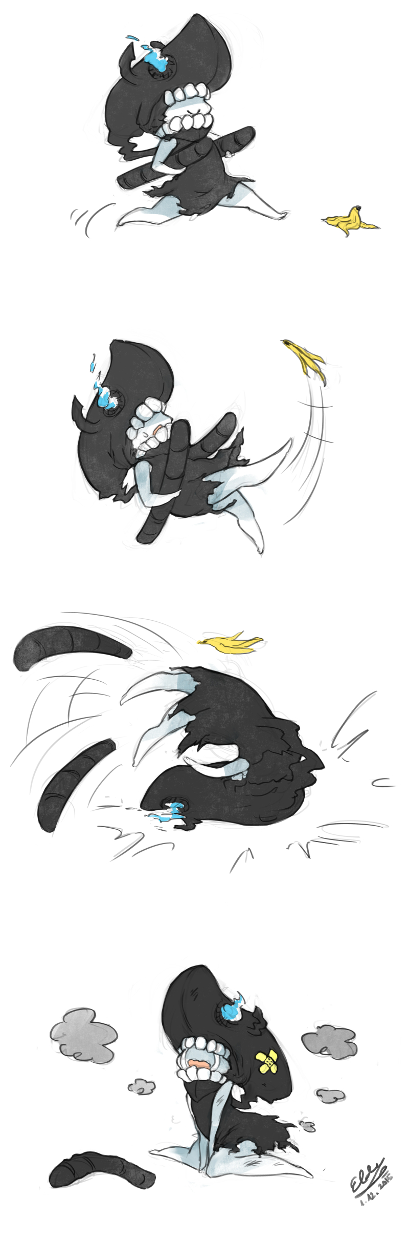 10s, 4koma, absurdres, abyssal_ship, banana, banana_peel, black_dress, chibi, comic, covered_eyes, crying, damaged, dress, food, fruit, glowing, glowing_eyes, highres, horns, jellypon, kantai_collection, motion_lines, open_mouth, pale_skin, patrol_boat_imp_group, pt_imp_group, running, speed_lines, tears, toddler, torpedo, white_background